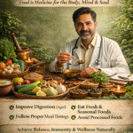 Ayurvedic doctor explaining healthy eating habits with fresh seasonal foods, herbs, and natural diet for digestion, immunity, and holistic wellness