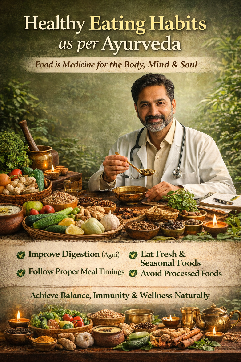 Ayurvedic doctor explaining healthy eating habits with fresh seasonal foods, herbs, and natural diet for digestion, immunity, and holistic wellness