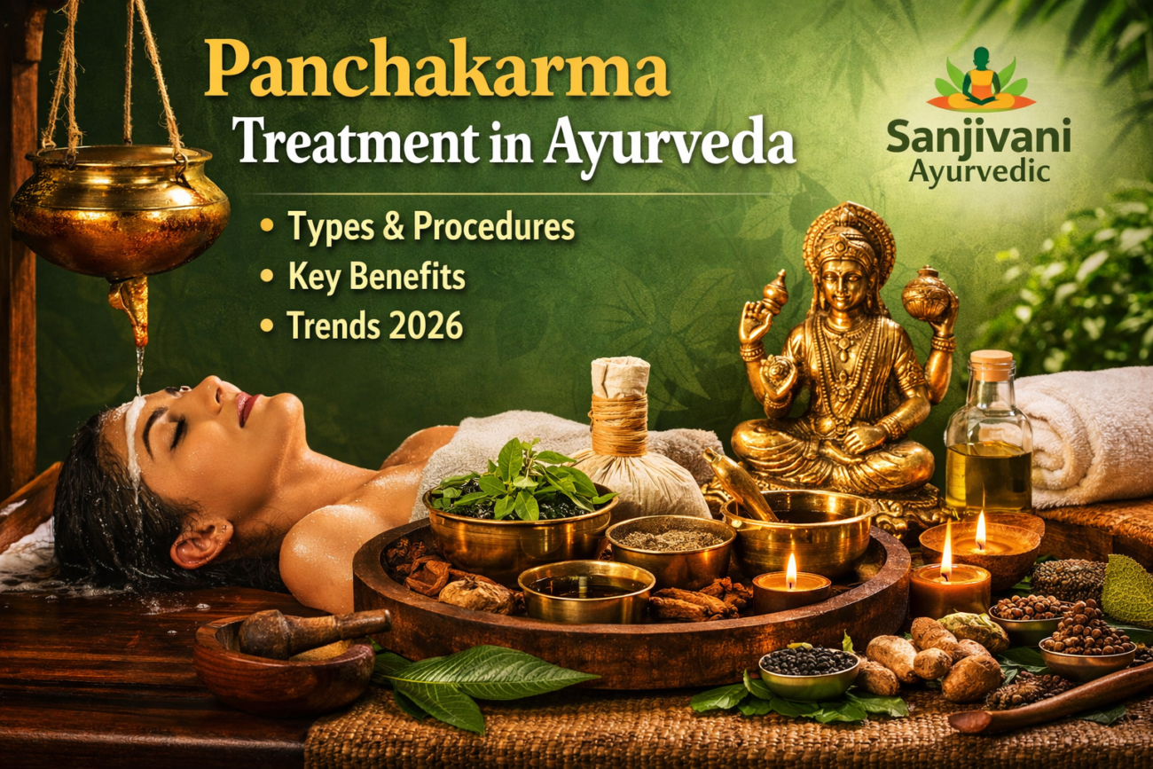Panchakarma treatment in Ayurveda showing Shirodhara therapy with herbal oils and traditional Ayurvedic setup for detox and wellness