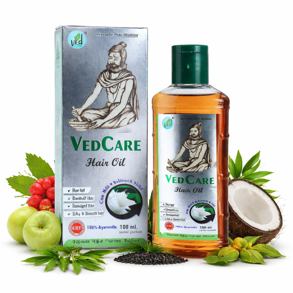 Vedcare Hair Oil bottle with natural ingredients displayed on a clean background