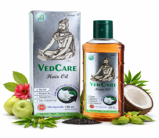 Vedcare Hair Oil bottle with natural ingredients displayed on a clean background
